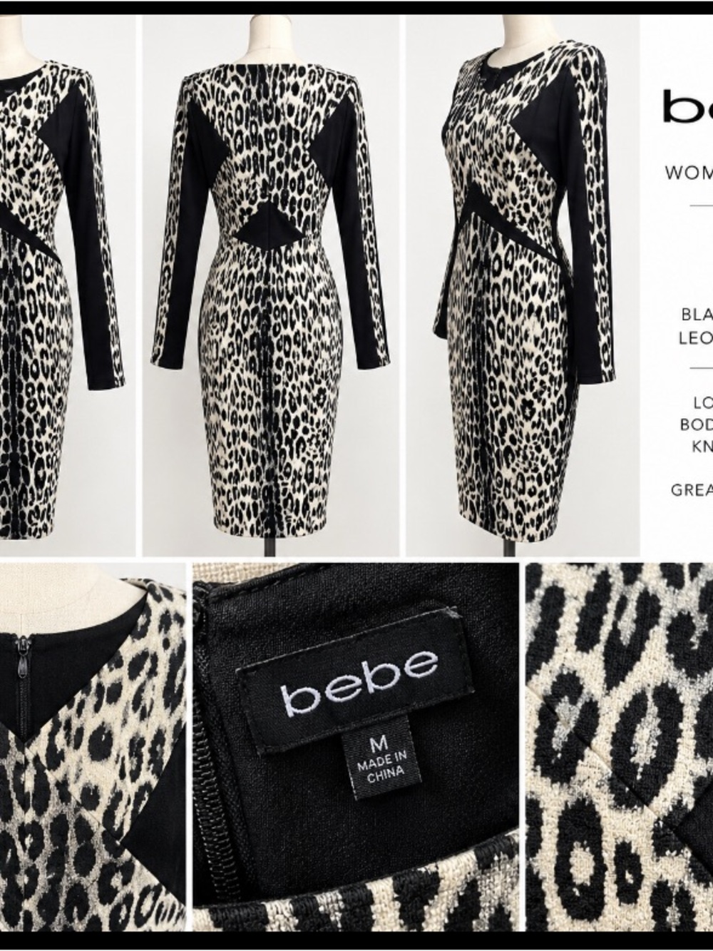 bebe Black and Cream Leopard Print Long-Sleeve Bodycon Dress